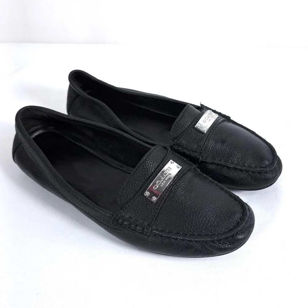 Coach Fredrica Loafers Black Pebble Leather Silver Logo Driving Mocs Women Sz 7B